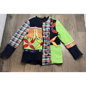 Vntg Allure Patchwork Jacket‎ Women Multicolor Plaid Floral Tassels Buttons SZ M